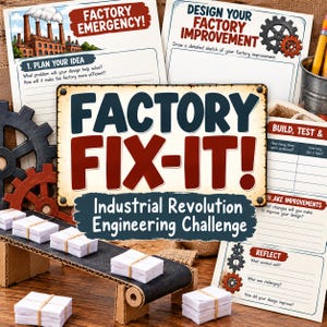 May include: A Factory Fix-It! Industrial Revolution Engineering Challenge activity set featuring printed worksheets with prompts, a cardboard conveyor belt model, and stacks of white paper bundles secured with rubber bands.