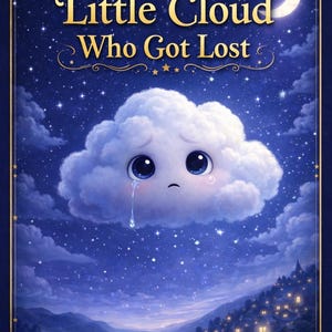 Può includere: Copertina di un libro per bambini con una nuvola dei cartoni animati triste con grandi occhi blu e una lacrima. Il titolo "The Little Cloud Who Got Lost" è in lettere dorate su uno sfondo di cielo stellato con una luna.