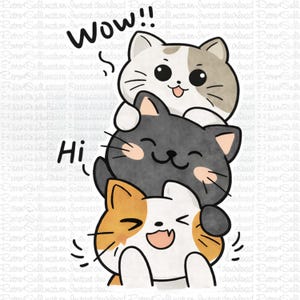 May include: A whimsical illustration features three stacked cartoon cats. The top cat is white and gray, the middle cat is black, and the bottom cat is white and orange. The word "Wow!!" and "Hi" are written in the image.