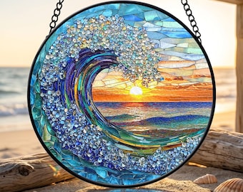 Atrapasueños de vidrieras con diseño de olas del océano, regalo para amantes de la costa, atrapasueños hecho a mano, adorno para ventana de casa de playa, regalo oceánico
