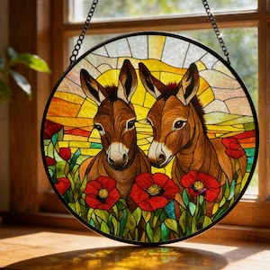 Atrapasueños de vitral con dos burros, atrapasueños de vidrio con animales de granja hecho a mano, atrapasueños de burro colgante para ventana de estilo rústico, regalo