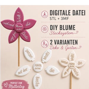 Op de afbeelding: Een bloemvormige decoratie met Duitse woorden zoals "Welt!", "Mama du bist", "Beste" en "auf der". De afbeelding bevat ook Duitse tekst, die aangeeft dat het een digitaal bestand is voor doe-het-zelf bloemdecoraties.