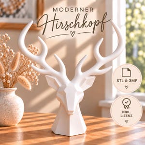 Könnte beinhalten: Eine weiße, geometrische Hirschkopf-Skulptur mit großem Geweih. Der Text darüber lautet "MODERNER Hirschkopf". Zwei kreisförmige Abzeichen auf der rechten Seite enthalten den Text "STL & 3MF" und "INKL. LIZENZ". Die Skulptur hat ein facettiertes Design.
