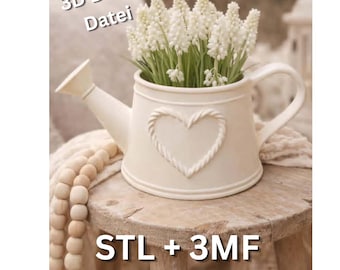 3D printed watering can flower pot with heart | Vintage decorative planter | Shabby chic vase | STL file + license