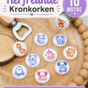 Puede incluir: Diez chapas de botella blancas con ilustraciones de animales en colores, incluyendo una jirafa, gato, león, oso, unicornio, tigre, pájaro y elefante. El texto Tierfreunde Kronkorken 10 Motive es visible arriba, con iconos de archivos.