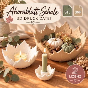 以下が含まれることがあります： Ahornblatt-Schale 3D Druck Dateiというタイトルの3Dプリントファイルセット。カエデの葉の形をしたボウルとキャンドルホルダーが含まれています。STLおよび3MFファイルとライセンスが含まれており、白とベージュの葉の形をした容器が示されています。