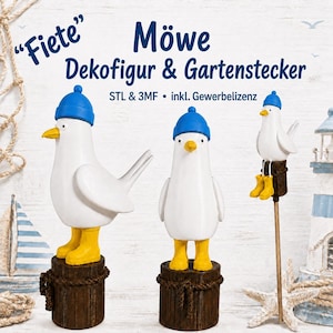 May include: Three white seagull figures with yellow boots and blue hats, two standing on brown wooden posts and one perched on a stake. Text reads: Fiete Möwe Dekofigur & Gartenstecker STL & 3MF inkl. Gewerbelizenz.