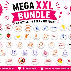 Könnte beinhalten: Ein Set aus 48 weißen Kronkorken mit verschiedenen bunten grafischen Motiven wie Früchten, Tieren, Camping-Themen und Text. Der Werbetext lautet MEGA XXL BUNDLE, 48 KRONKORKEN IM SET und 48 MOTIVE - 6 SETS - EIN PREIS.