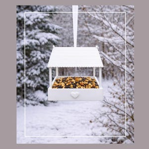 May include: A white, hanging bird feeder with a roof and heart-shaped detail. The feeder is filled with a mix of seeds and nuts. It is suspended by a white ribbon against a snowy winter backdrop.