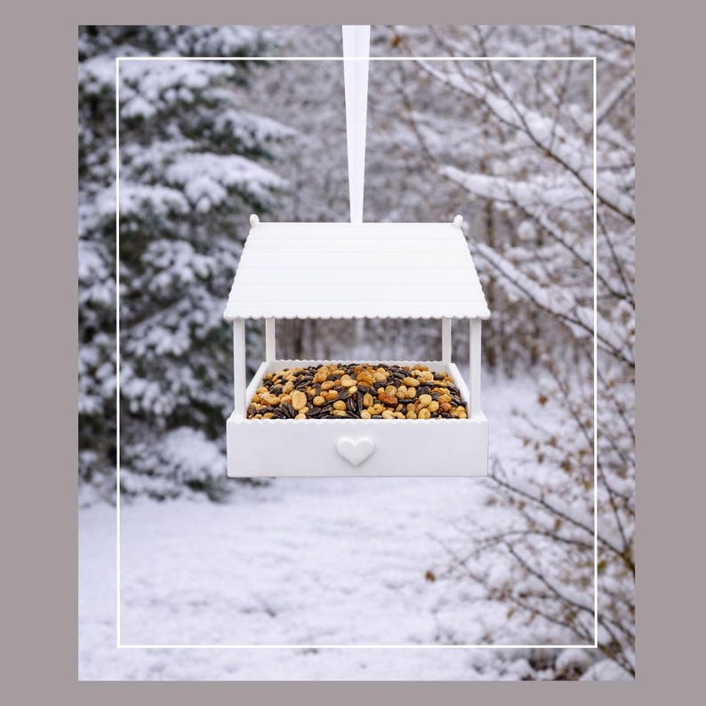 May include: A white, hanging bird feeder with a roof and heart-shaped detail. The feeder is filled with a mix of seeds and nuts. It is suspended by a white ribbon against a snowy winter backdrop.