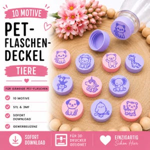 Tappi per bottiglie in PET rispettosi degli animali | 10 design | STL e 3MF | File per stampa 3D | Licenza commerciale per piccoli quantitativi | Download digitale