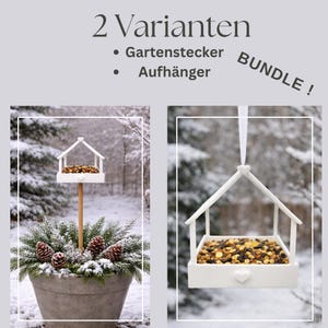 May include: A white bird feeder bundle with two variants: a garden stake and a hanging feeder. The feeders are filled with birdseed and have a house-like design. The garden stake feeder is set in a pot with pinecones and greenery. The hanging feeder is suspended by a white ribbon.