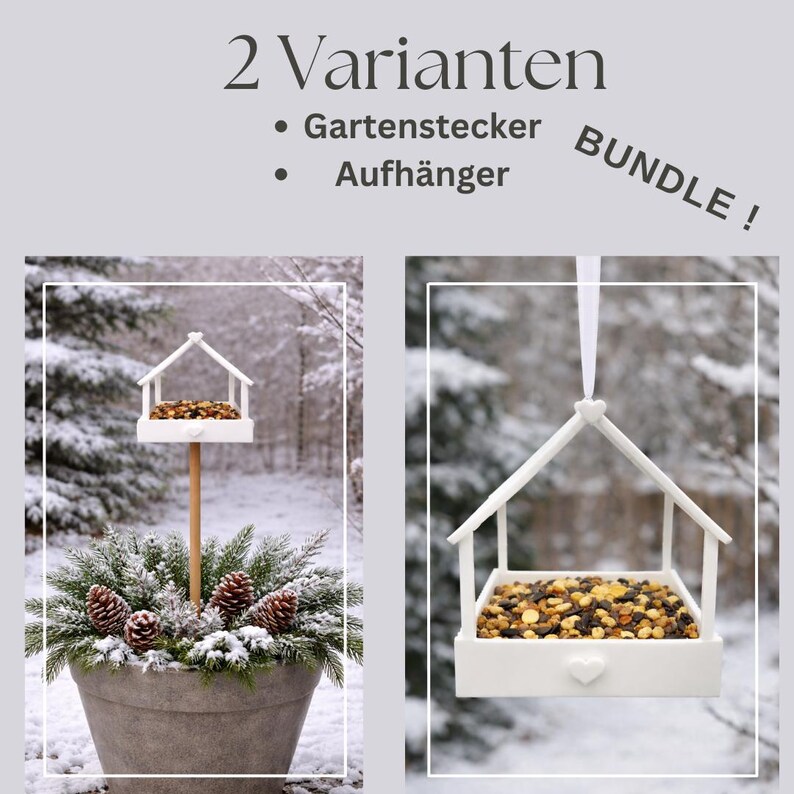 May include: A white bird feeder bundle with two variants: a garden stake and a hanging feeder. The feeders are filled with birdseed and have a house-like design. The garden stake feeder is set in a pot with pinecones and greenery. The hanging feeder is suspended by a white ribbon.