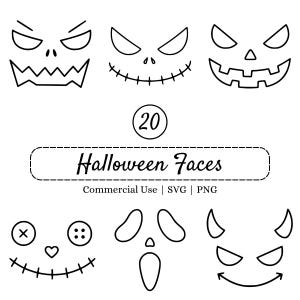 Halloween Spooky Faces Illustrations, 20 Minimalist Jack O Lantern Face SVG PNG, Pumpkin Expressions Cut Files for Cricut, Silhouette, Decor