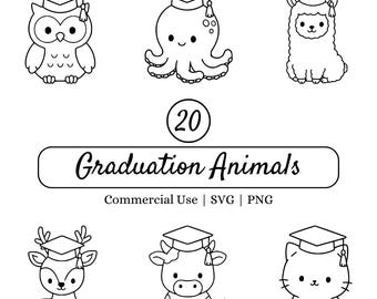 Pacchetto SVG di animali per la laurea, Gufo, Polpo, Lama, Cervo, Mucca, Gatto PNG, Simpatici animali laureati clipart, File di taglio Cricut, Design scolastico