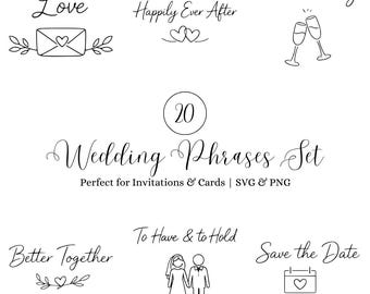Pacchetto SVG di frasi per matrimoni, citazione minimalista per matrimoni, adorabili design per inviti e biglietti, file di taglio tipografici per matrimoni e amore, download digitale