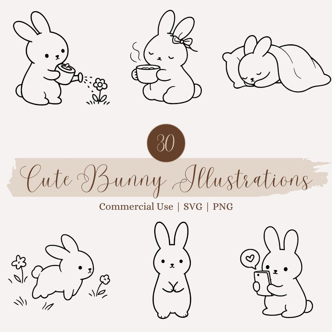 Cute Rabbit 4910 Cute Bunny Bundle, Minimalist Rabbit Line Art SVG PNG, Kawaii Bunnies ...