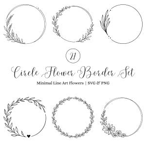 May include: A collection of six black and white floral circle borders. The image features various designs, including leaves, sprigs, and flowers, arranged around circular frames. The text "Circle Flower Border Set" is also visible.