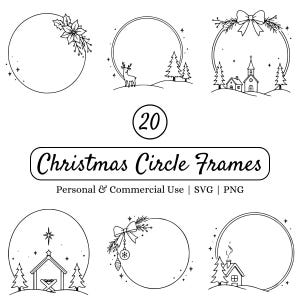 Pode incluir: Uma coleção de 20 molduras circulares de Natal em arte linear preta e branca com designs festivos como poinsétias, renas, paisagens nevadas, igrejas, presépios, laços e ornamentos. O texto diz 20 Christmas Circle Frames.