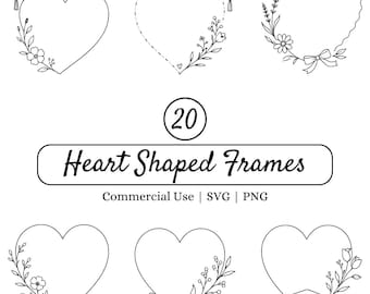 Pacchetto di 20 cornici SVG a forma di cuore, cuori floreali PNG, graziosa cornice per la laurea, clipart per monogrammi, file di taglio per Cricut, dolce design per scrapbooking