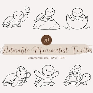Könnte beinhalten: Schwarz-weiße minimalistische Illustrationen von Schildkröten. Die Schildkröten werden in verschiedenen Posen gezeigt, wie z. B. beim Interagieren mit einem Schmetterling, beim Sitzen auf einem Felsen und beim Schlüpfen aus einem Ei. Der Text "Adorable Minimalist Turtles" ist ebenfalls enthalten.