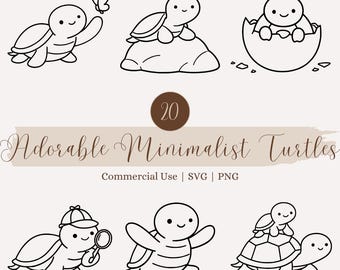 Pacchetto Tartarughe Minimaliste, Clipart Tartarughe Carine SVG PNG, Disegni a Tratteggio Tartarughe Kawaii, File di Taglio Cricut, Disegni di Animali per Asilo Nido, Uso Commerciale