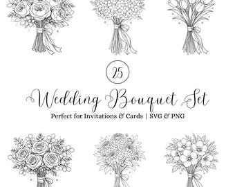 Set di illustrazioni lineari per bouquet da sposa, 25 illustrazioni floreali in formato SVG e PNG, clipart di fiori da sposa, set floreale minimalista per inviti e decorazioni