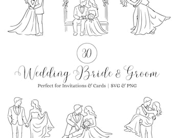 Pacchetto SVG di sposi e sposi, Clipart di coppia con linee romantiche minimali, design per magliette, adesivi, tazze e borse, download digitale