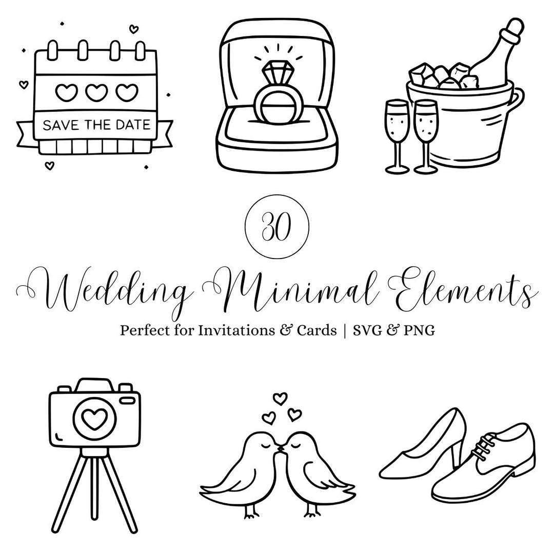 Minimalist Wedding Illustration Bundle, 30 Wedding Clipart SVG Icons ...