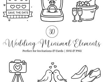 Pacchetto di illustrazioni minimaliste per matrimoni, 30 icone clipart SVG per inviti, Save the Date, biglietti, Cricut e Silhouette
