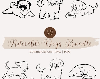 Pacchetto SVG minimalista di cani, 20 graziosi disegni di cani in formato SVG e PNG, clipart di cuccioli per Cricut, magliette, adesivi, decorazioni per la cameretta dei bambini, uso commerciale