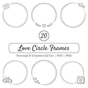 Bundel met SVG- en PNG-bestanden van een liefdescirkelframe, 20 minimalistische trouwframes, romantische lijntekeningen als randversiering, decoratie voor verloving en jubileum, en ontwerp voor uitnodigingen.