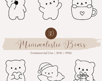 Minimalist Bear Illustrations, Cute Animals Line Art SVG PNG, Kawaii Bears Clipart for Cricut Silhouette, Cut Files for Shirts Nursery Decor