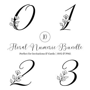Può includere: Pacchetto numerico floreale in bianco e nero con i numeri 0, 1, 2 e 3. Ogni numero è adornato da un motivo floreale. Il testo "Floral Numeric Bundle" è visualizzato in una scrittura elegante, con il testo "Perfect for Invitations & Cards | SVG & PNG" sotto.