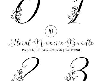 Pacchetto numerico minimalista 0–9, elegante set di numeri floreali, SVG e PNG, numeri per tavoli da matrimonio, file di taglio Cricut, decorazioni per inviti ed eventi