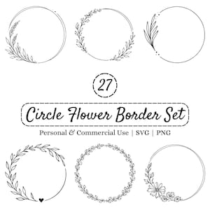 Circle Floral Border SVG PNG Set, Minimal Line Art Flower Wreath Frames for Wedding Invitations, Save the Dates, Signs, Logos & Event Decor