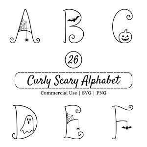 May include: A digital graphic set titled Curly Scary Alphabet featuring 26 letters in a black line art style. The letters A through F are displayed with Halloween motifs including a spider web, spider, bat, jack-o'-lantern, and a ghost.