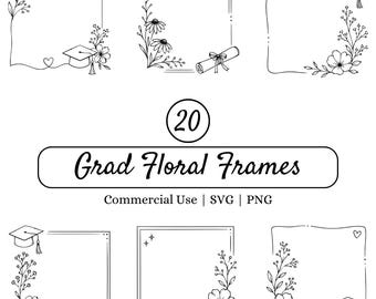 Pacchetto di file SVG con cornici floreali quadrate per la laurea, bordo PNG per laureati, clipart con cornice per cappello di laurea, decorazioni per diplomi, file di taglio per Cricut, design per inviti