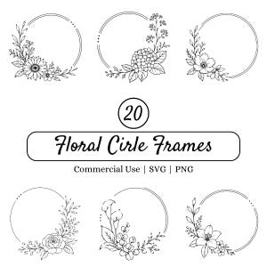 Op de afbeelding: Een collectie van 20 zwart-witte florale cirkelvormige kaders met diverse botanische arrangementen, waaronder zonnebloemen, hortensia's en lelies. De tekst luidt 20 Floral Circle Frames Commercial Use SVG PNG.