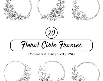 Pacchetto di cornici circolari floreali in formato SVG, ghirlanda di fiori minimalista in formato PNG, cornice per monogramma di laurea, design per inviti di matrimonio, file di taglio per Cricut
