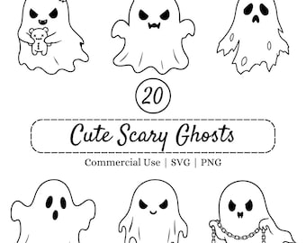Cute Scary Ghost SVG Bundle, Halloween Ghosts PNG, Minimalist Kawaii Clipart, Cricut Cut Files, Spooky Designs for Shirts, Stickers & Crafts