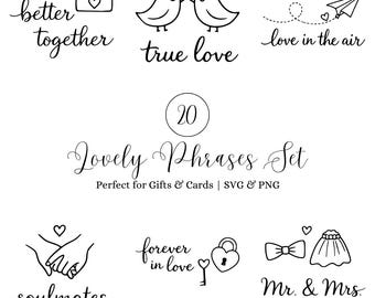 Pacchetto di frasi d'amore minimaliste SVG, 20 semplici citazioni romantiche per matrimoni, biglietti, regali, Cricut e Silhouette, download digitale