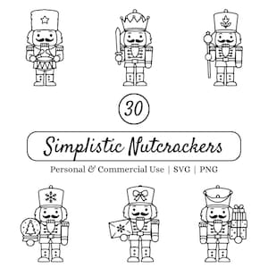 May include: A digital collection of 30 black and white line art nutcracker illustrations. The graphic features six distinct nutcracker characters, including one with a drum, a sword, a staff, a snow globe, an envelope, and stacked gifts.