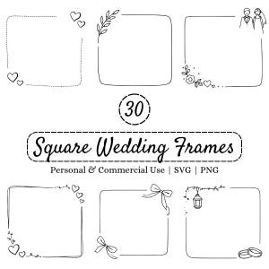 Square Wedding Frames SVG Bundle, 30 Minimal Romantic Borders for Invitations & Cards, Love Line Art PNG, Engagements Decoration Designs