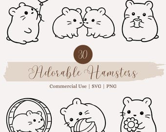 30 graziosi pacchetti SVG di criceti, clipart minimaliste, PNG di criceti kawaii, file di taglio Cricut, piccoli animali per magliette, adesivi, decorazioni per la cameretta dei bambini