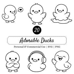 Minimalistische eend SVG-bundel, 20 schattige eenden, kawaii ontwerp clipart, baby dieren png, Cricut en silhouetbestanden, decor kinderkamer, commercieel gebruik