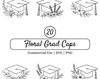 Pacchetto di file SVG per cappelli di laurea floreali, immagini PNG per lauree, clipart di cappelli di laurea della classe del 2026, design minimalisti per laureati, file di taglio per Cricut