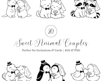 Pacchetto SVG di adorabili coppie di animali, clipart minimaliste di animali da matrimonio, SVG PNG di amore e San Valentino per inviti, biglietti e Cricut