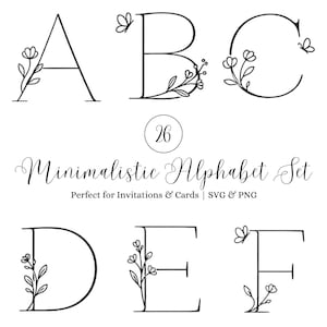 Può includere: Set di alfabeto minimalista in bianco e nero con accenti floreali e farfalle. Sono mostrate le lettere A, B, C, D, E e F. Il testo recita "Minimalistic Alphabet Set" e "Perfect for Invitations & Cards | SVG & PNG".