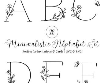 Pacchetto di alfabeto floreale SVG PNG, eleganti lettere botaniche minimali dalla A alla Z per inviti di nozze, monogrammi, biglietti e Cricut